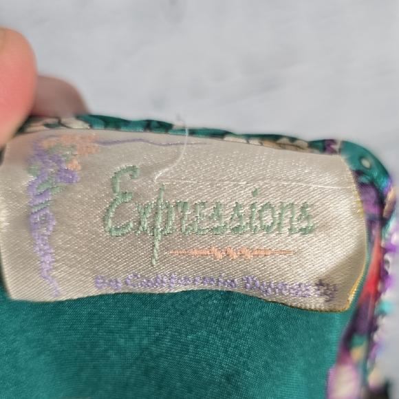 Vintage Expressions By California Dynasty Teal Floral Print Satin Slip Dress - Picture 5 of 8